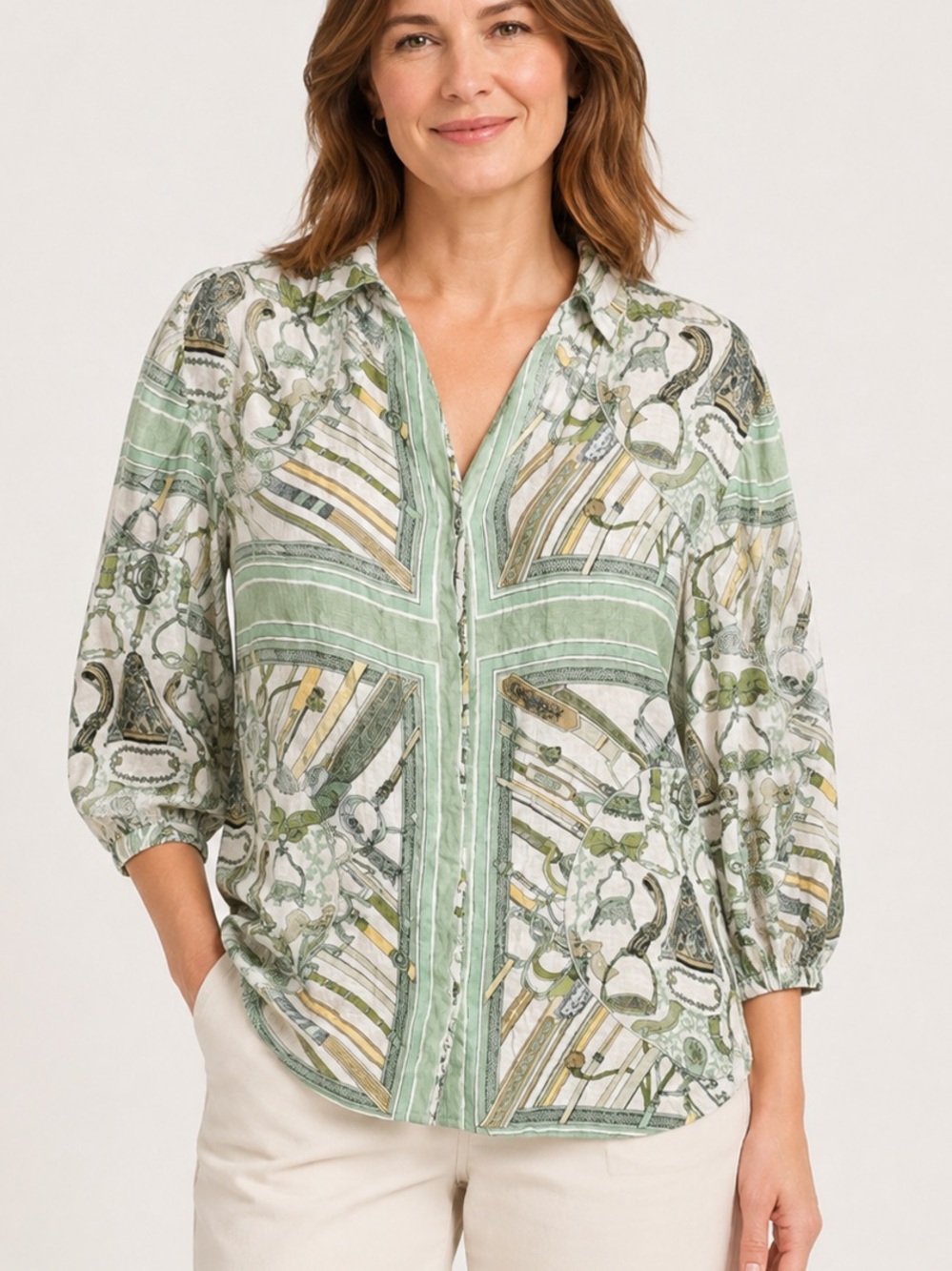 Gigio multi-print scarf button-down blouse equestrian-inspired women’s top small